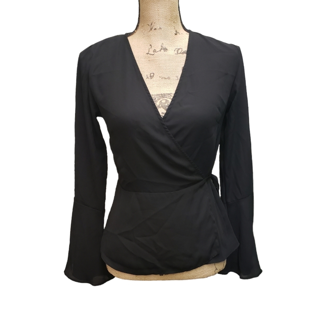 Ambiance Black Fitted Wrap Bell Sleeve Top Size Small - Picture 3 of 15